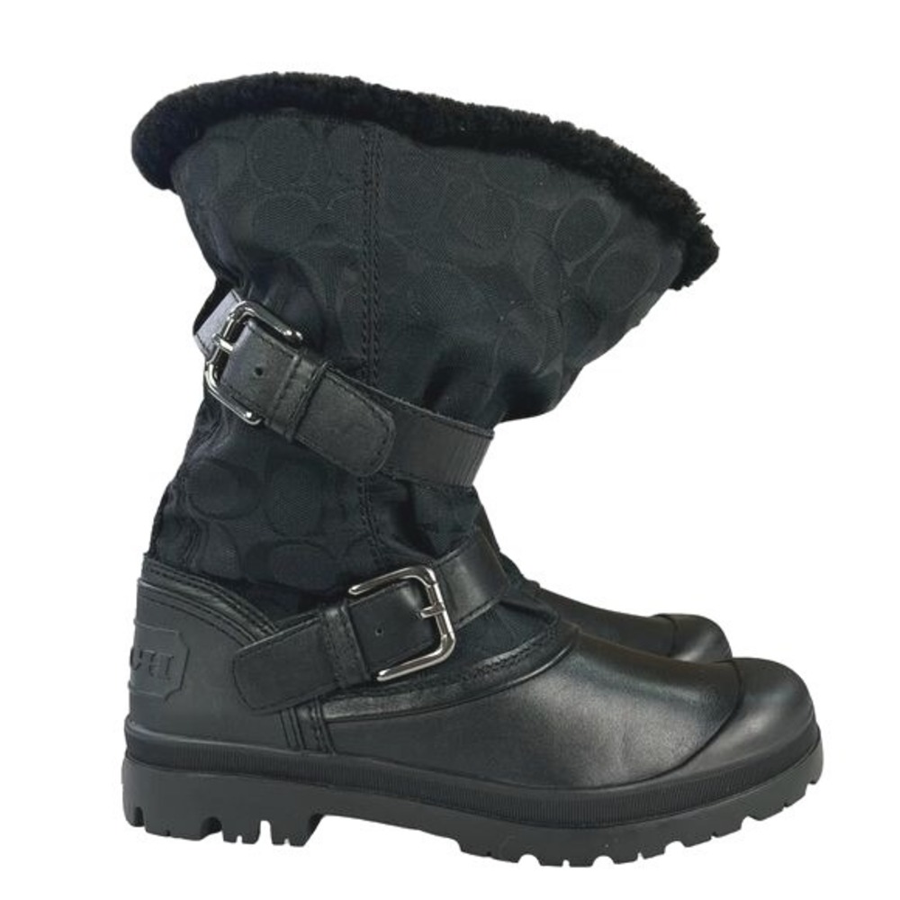 Coach Holiway Black Buckle Winter Boots Size 7 Sherpa Lined Y2K Chic Fleece Moto - Picture 1 of 10